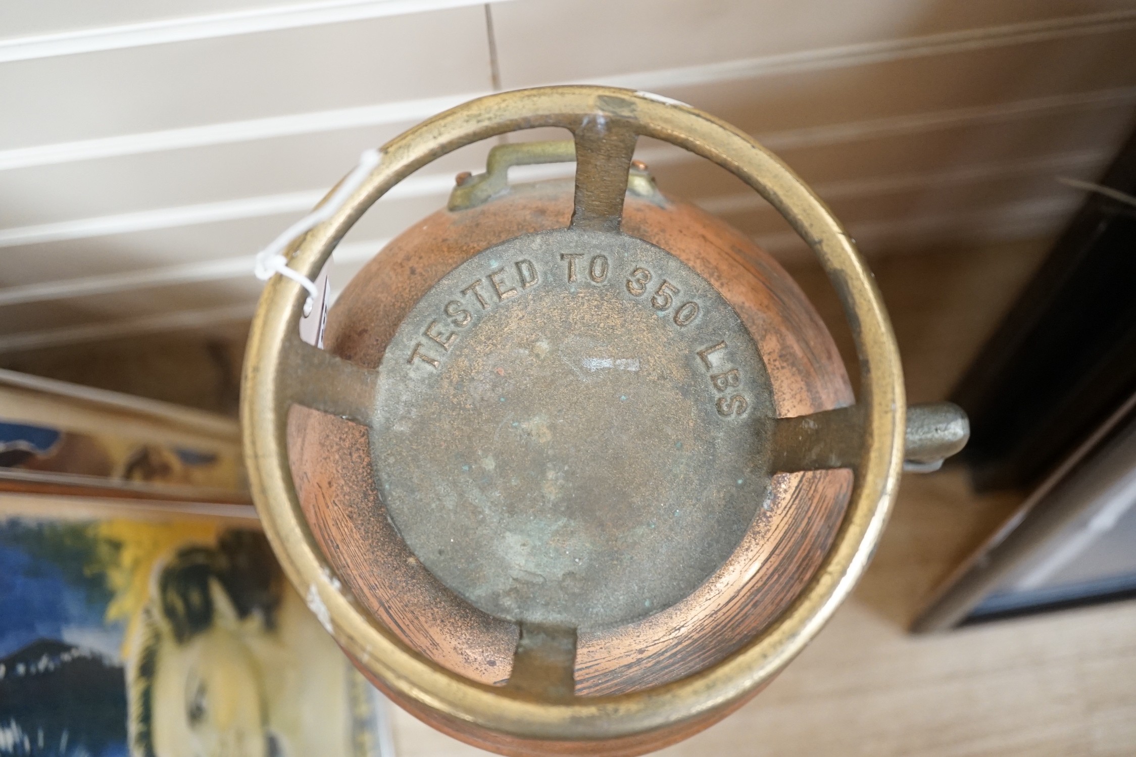 SodAcid extinguisher, in copper with large brass label, 60cms high